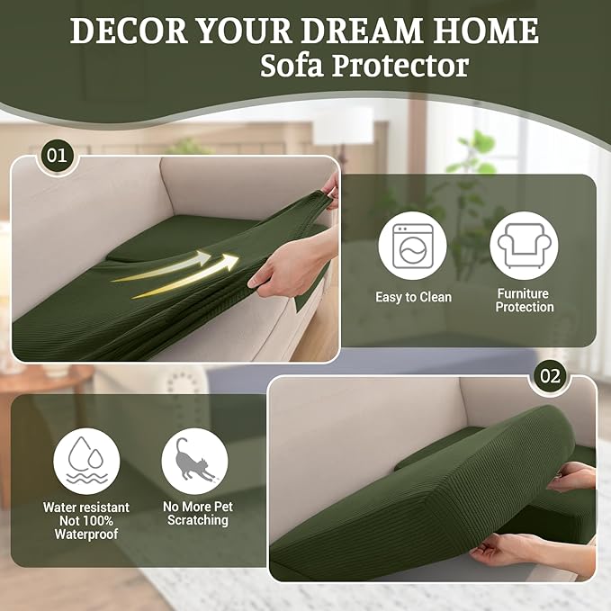 Sectional Couch Covers for Sofa Cushion L Shaped Couch Cover Washable Soft Couch Cushion Covers Stretch Sofa Slipcovers(3-Piece for Sofa Seat or Backrest, Green)