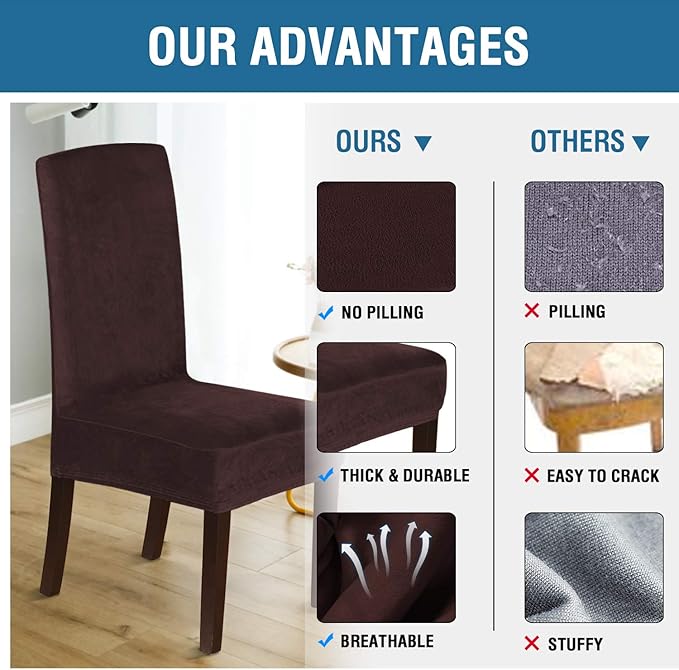 H.VERSAILTEX Velvet Dining Chair Covers Stretch Chair Covers for Dining Room Set of 6 Parson Chair Slipcovers Chair Protectors Covers Dining, Soft Thick Solid Velvet Fabric Washable, Brown