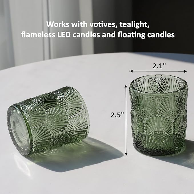 Woho Green Votive Candle Holders Set of 12, Green Glass Tealight Candle Holder for Wedding Party Table Centerpiece, Tea Lights Candle Holder Vintage for Fall Thanksgiving Christmas Decor
