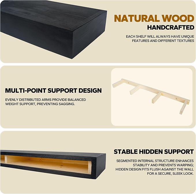 Floating Shelves 3 inch Thick for Wall Set of 2,Solid Pine Wood Wall Mount Shelf for Kitchen Living Room Bedroom Bathroom,8" D x 30" L x 3" H-Black