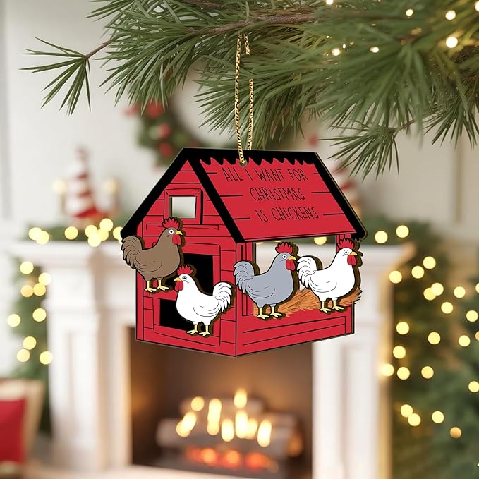 Chicken Ornament for Christmas Tree, Wooden Coop Farm Decor, All I Want for Christmas is Chickens Wooden Farmhouse Gift for Farm Lovers 2025