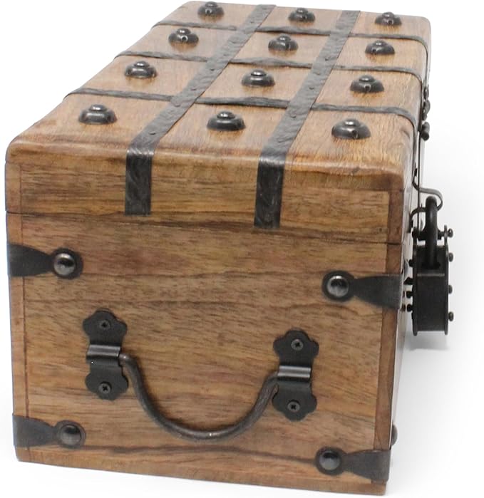 Nautical Cove Treasure Chest Wooden Box with Antique Iron Lock and Skeleton Key (Medium 12.5x6x5.5) - Storage and Decor – Pirate Chest, Decorative Storage Chest with Hinged Lid, Wood Treasure Box