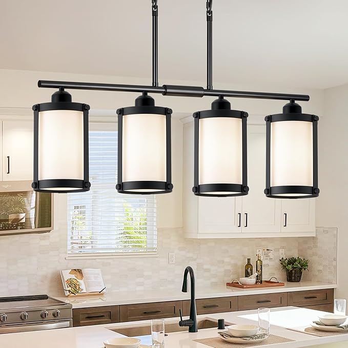 4-Light Kitchen Island Lighting, Black Linear Dining Room Light Fixtures with Frosted Glass and Chain, Modern Farmhouse Chandelier Pendant Light for Kitchen Island Dining Room, OS-3014-4ISBKW