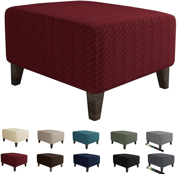 MAXIJIN Jacquard Ottoman Cover Slipcovers Folding Storage Stool Furniture Protector Cover Soft Thick Rectangle Foot Rest Slipcover with Elastic Bottom (Ottoman Small, Wine Red)
