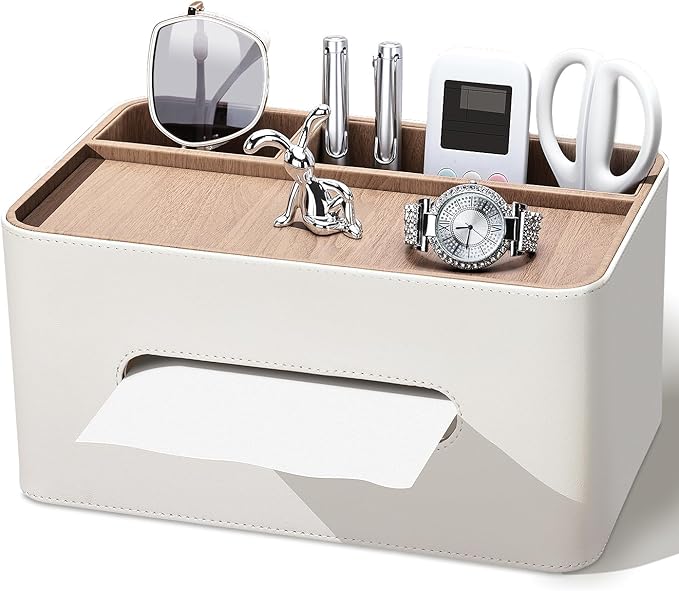 PU Leather Tissue Box Cover Rectangular with Storage Organizer, Multifunctional Remote Control Holder, Desk Organizer for Living Room, Bedroom, Office, Decorative Tissue Holder with Compartments Beige