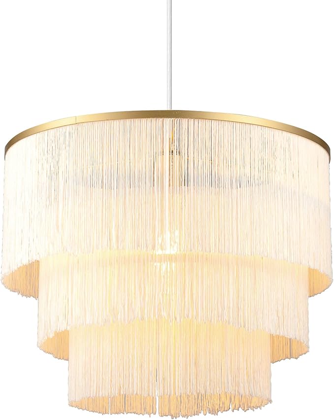 GLOBE Electric x Novogratz 61093 1-Light Pendant Light Fixture, Matte Gold, White Fabric Fringe Shade, Living Room Pendant Light, Dining Room Fixture, Hanging Lights for Bedroom, Hygge Lighting