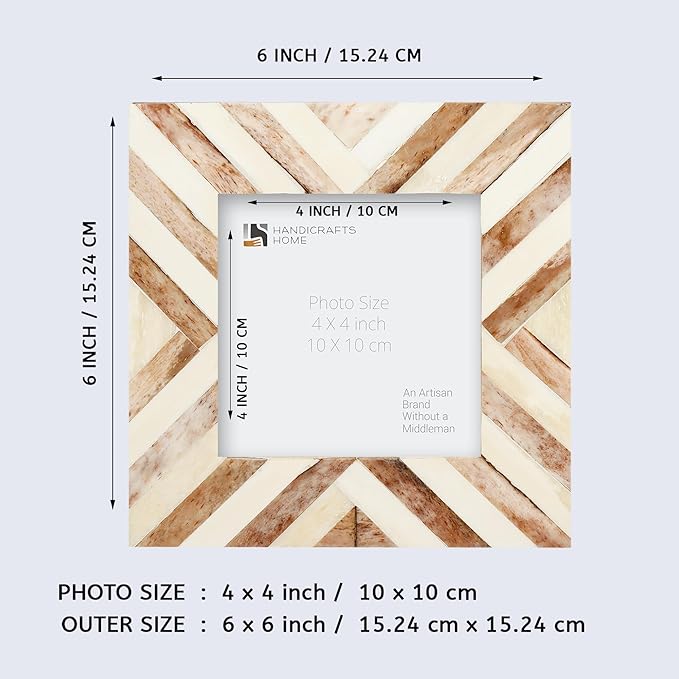 Handicrafts Home Brown Picture Frame Handmade 4x4 Bone Inlay Chevron Photo Frame- Boho Decorative Frame for Wall & Tabletop- Ideal for Living Room, Office & Bedroom Desk- Unique Artisan Holiday Gift