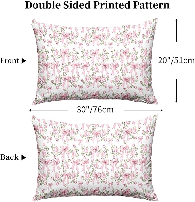 Pink Floral Pillow Protectors with Zipper Standard Size Coquette Bow Print Pillow Covers Set of 2 Vintage Preppy Pillowcases Protector for Girl Woman Pink and White Bed Pillow Covers 30"X20"