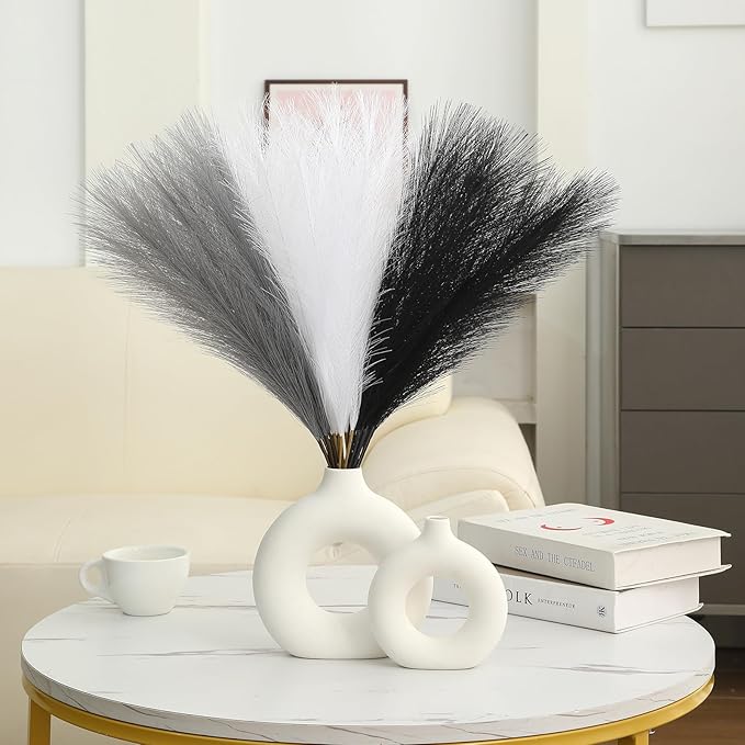 Faux Pampas Grass Decor 17.7 Inch 30pcs, Artificial Pampas Grass Fluffy Home Decor, Short Vase Room Decor pompous Grass Flower Arrangement for Boho Home Wedding Decoration (Black,White,Grey)