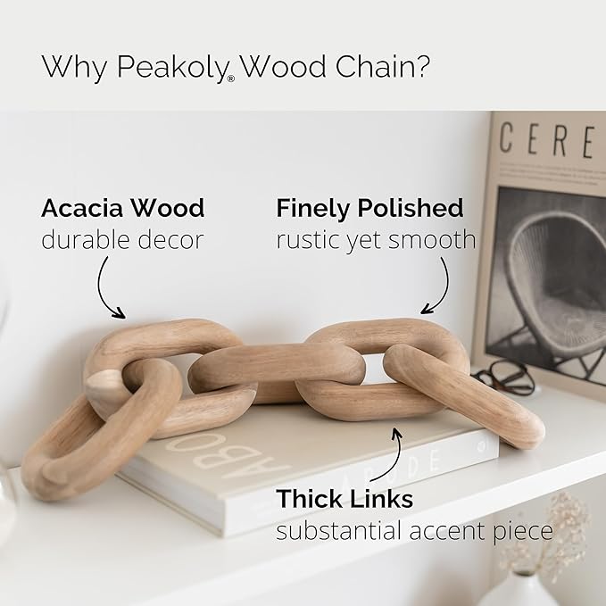 Book Shelf Decor Items - Acacia Wood Chain Link Decor, Coffee Table Accessories, Bookshelf Decors, Sculpture for Shelves, Wooden Decorative Objects, Link Ornament, Living Room Accents