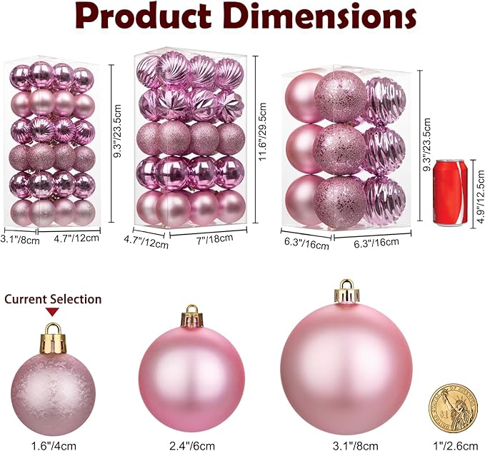 Hollyone 1.57" Bubblegun Pink Christmas Ornaments for Christmas Tree 36 Pcs Mini Shatterproof Balls Xmas Tree Decorations Small Xmas Ornaments Balls with Hanging Loop Holiday Party Wreath Home Decor