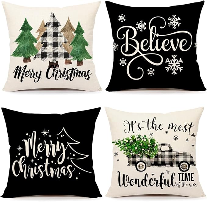 4TH Emotion Buffalo Check Christmas Pillow Covers 16x16 Set of 4 Black White Farmhouse Xmas Decorations Winter Holiday Decor Throw Cushion Case for Home Couch S24C40-16