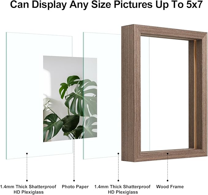 Egofine 5x7 Floating Frames Set of 2, Double Plexiglass Picture Frame, Made of Solid Wood Display Any Size Photo up to 5x7, Wall Mount or Tabletop Standing, Brown