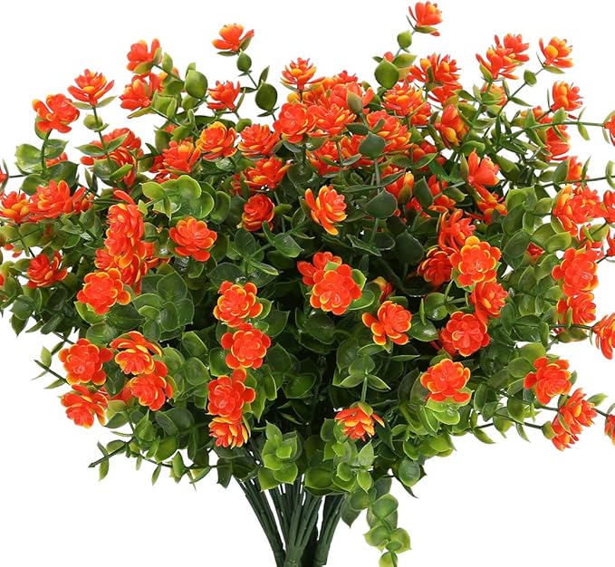 6 Bundles Artificial Flowers, Fake Artificial Greenery UV Resistant No Fade Faux Plastic Plants for Wedding Bridle Bouquet Indoor Outdoor Home Garden Kitchen Office Table Vase (Orange Red)