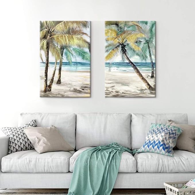 ARTISTIC PATH Tropical Coconut Tree Wall Art: Abstract Palm Tree Canvas Seaside Picture Artwork Painting for Living Room (24" W x 36" H x 2 PCS,Multi-Sized)