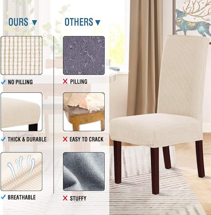 H.VERSAILTEX Stretch Dining Chair Covers Set of 6 Chair Covers for Dining Room Parsons Chair Slipcover Chair Protectors Covers Dining, Feature Textured Checked Jacquard Fabric, Natural
