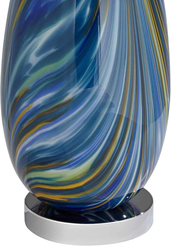 Possini Euro Design Pablo Modern Style 3-Way Table Lamp with Table Top Dimmer 27" Tall Multi Color Blue Art Glass Fabric Drum Shade for Living Room Bedroom Bedside Nightstand Home (Color May Vary)