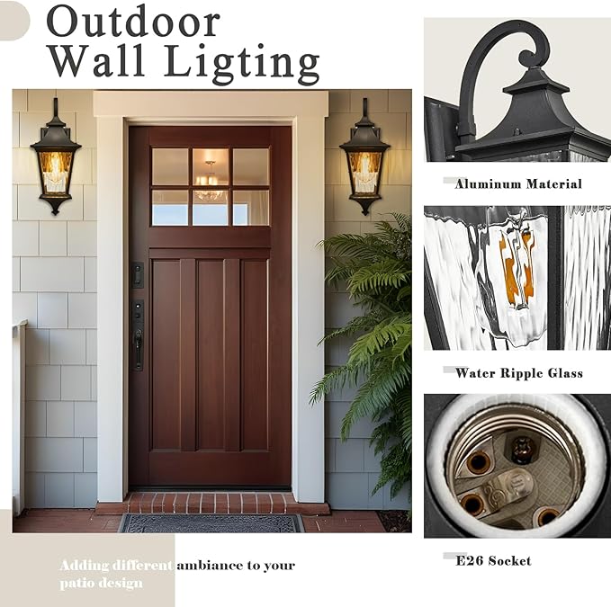 Black Outdoor Wall Light Fixtures 29.3 Inch Large Aluminum Outside Wall Lantern with Water Ripple Glass Waterproof Wall Sconce Porch Lights for Patio Doorway E26 Socket