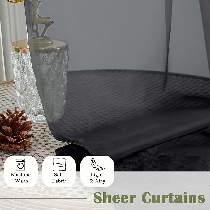 Lecloud Black Sheer Curtains 96 Inches Long 2 Panels, Solid Airy Voile Dual Rod Pocket Sheer Curtains, Light Filtering Privacy Window Curtain Drapes for Living Room Bedroom Balcony, 59" W x 96" L