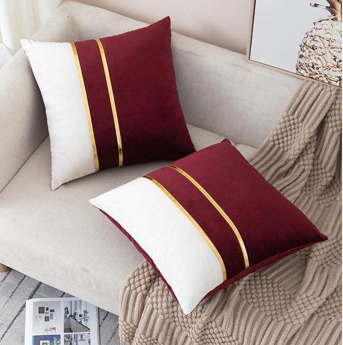 ZLINA Set of 2 Velvet Decorative Throw Pillow Covers Red White Patchwork with Gold Leather Pillow Covers 18 × 18 Inch Cushion Covers Decor Living Room Sofa Bedroom Car
