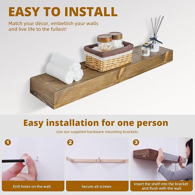 Floating Shelves 3 inch Thick for Wall Set of 2,Solid Pine Wood Wall Mount Shelf for Kitchen Living Room Bedroom Bathroom,8" D x 24" L x 3" H-Dark Walnut