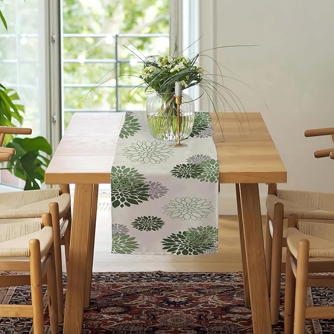 Sage Green Gray Table Runner Dahlia Pinnata Flower Beige Table Runners Modern Elegant Pompon Farmhouse Geometric Table Center Decor for Girls Room Dining Party Patio (13 x 90 Inch)