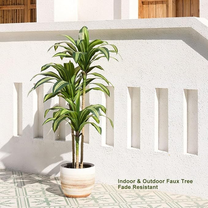 Artificial Dracaena Tree 5FT - Tall Faux Floor Plant with UV-Resistant,Artificial Plants with Lifelike Leaves,Potted Fake Trees for Home, Living Room,Indoor & Outdoor Decor,VN123(Yellow)