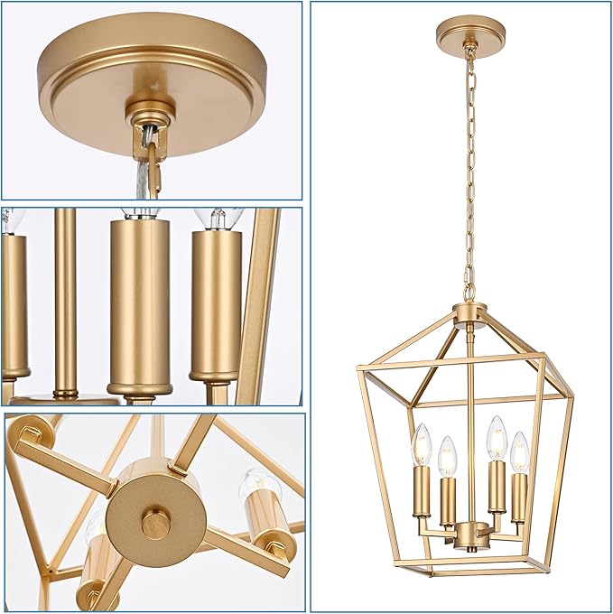MELUCEE 4-Light Gold Farmhouse Chandelier Iron Lantern Pendant Light Rustic Cage Hanging Light Fixtures Industrial Foyer Lights for Kitchen Island Dining Room Hallway Foyer Entryway, E12 Base