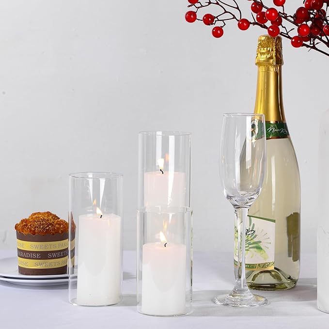 Shihanee 240 Pcs Pillar Candles and Glass Cylinder Vases Clear Cylinder Holders for Slim Pillar Candles Table Decoration (White)