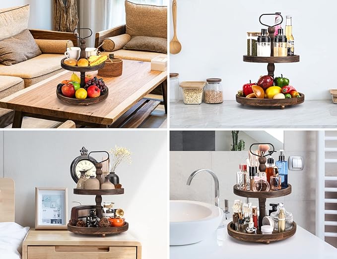 Farmhouse Wooden Decorative Two Tiered Trays+ Pu Leather Tray,Wood 2 Tier Serving Tray Stand for Rustic Table Centerpiece,Kitchen Decor,Coffee Bar, or Cupcake Stand (Brown)