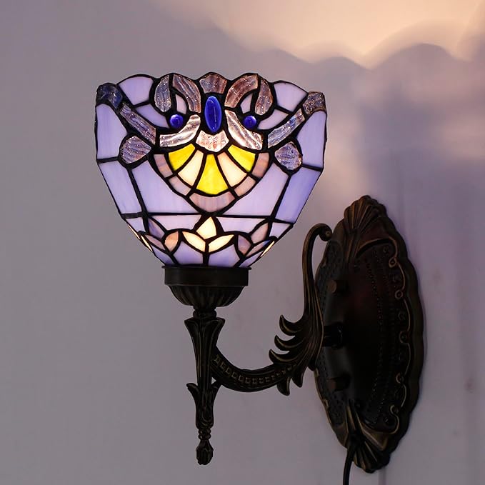 Tiffany Wall Sconce Lamp Plug in 6X8.5X11 Inch Stained Glass Wall Light Mount Fixture for Hallway Bedroom (Blue Baroque)
