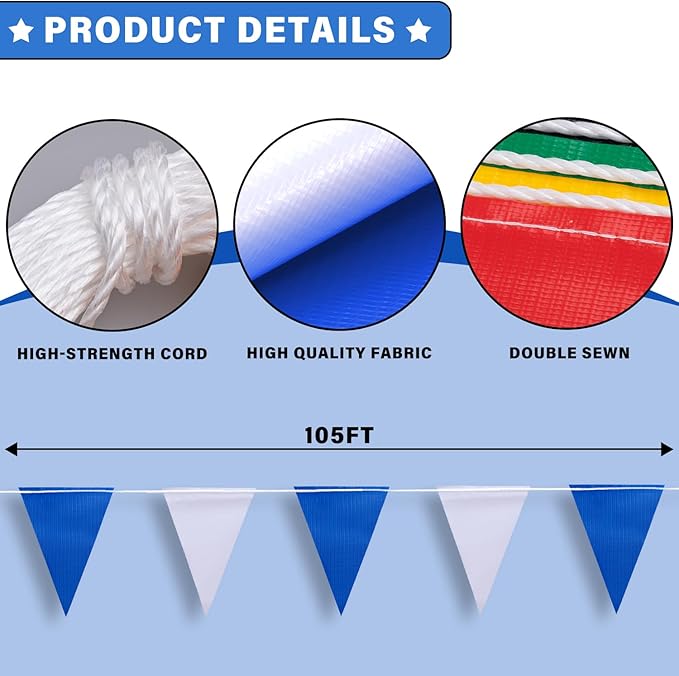 105ft Pennant Banner Flags, 7x10 Blue and White 45 Pcs High Visibility Safety Flagging on String, Triangle Pool Flags for Backstroke, Construction Events Party Decoration Parking Marking Outside