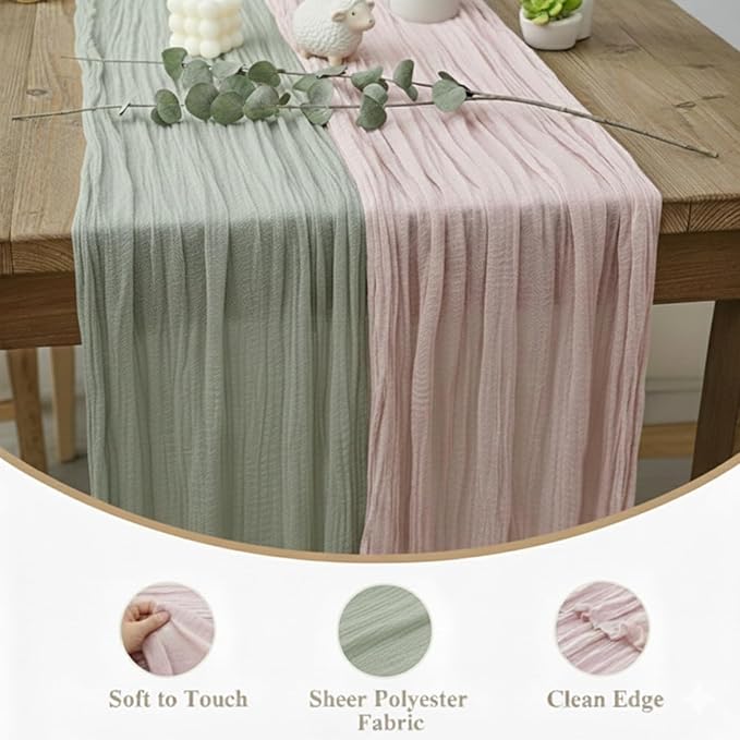 Cheesecloth Table Runner 2 Pack Sage Green and Dusty Pink, Boho Gauze Table Runner 10Ft 120 Inches Long for Wedding Decor, Party & Home Table Decoration