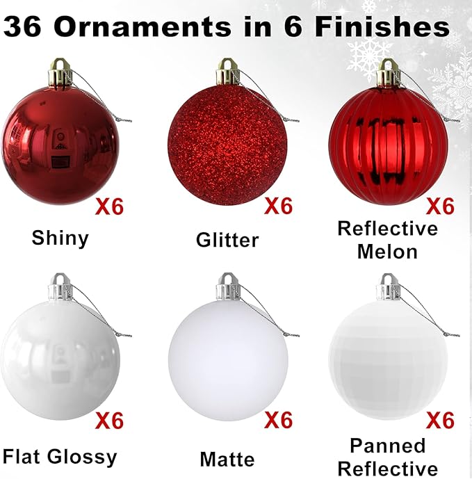GameXcel Christmas Balls Ornaments for Xmas Tree - Shatterproof Christmas Tree Decorations Small Hanging Ball Red & White 1.6 Inch x 36 Pack