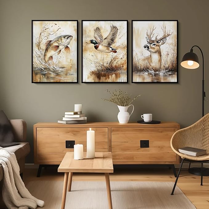 Vintage Animal Wall Art Baby Boy Room Canvas Wall Decor Farmhouse Animal Posters Kids Nursery Hunting Art Prints Rustic Deer Fish Pictures Mallard Duck Painting for Bedroom 12x16 Inch Unframed 3pcs