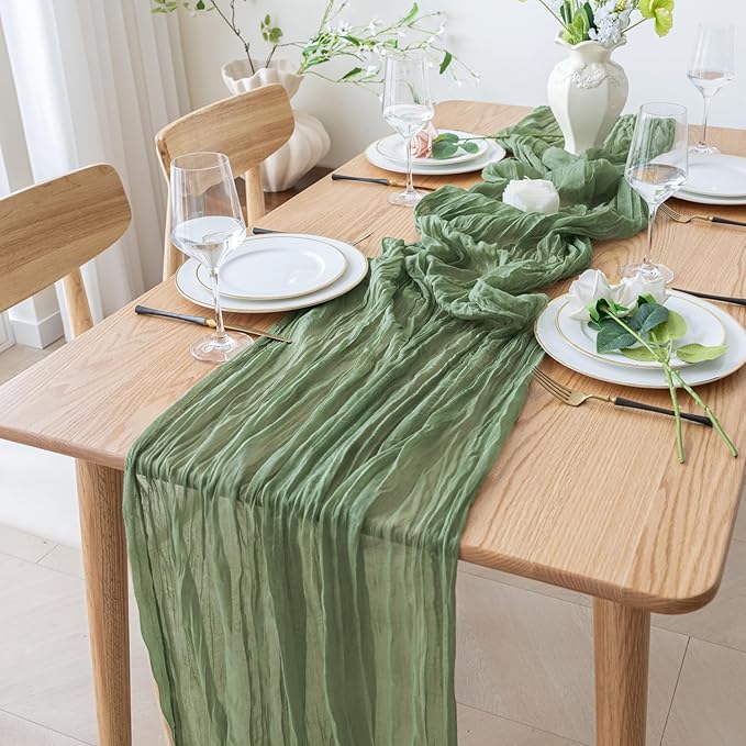 2PCS Table Runner Cheesecloth 10FT Sage Green Boho Gauze Cheese Cloth Rustic Sheer Table Runners for Wedding Bridal Baby Shower Party Decoration