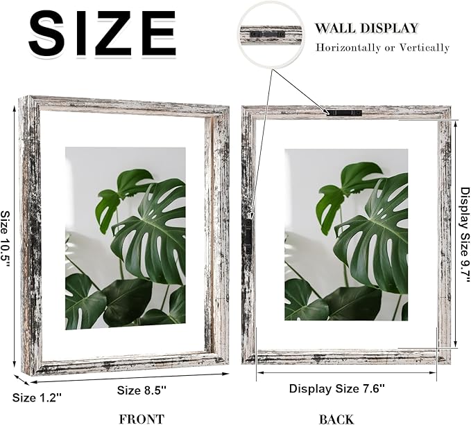 Egofine Distressed White 8x10 Floating Frames Set of 2, Double Plexiglass Picture Frame, Made of Solid Wood Display Any Size Photo up to 8x10, Wall Mount or Tabletop Standing