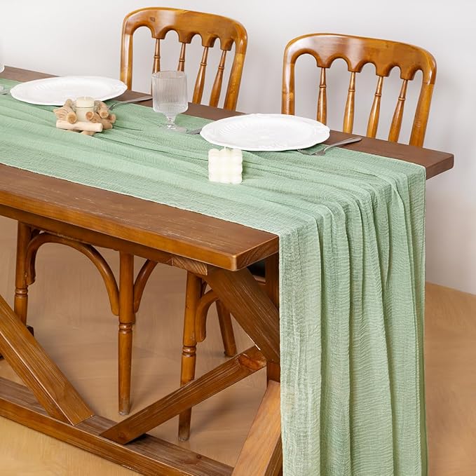 Socomi Sage Green Cheesecloth Table Runner Gauze Valentine's Day 120 Inch Rustic Boho Cheese Cloth Runner for Wedding Party Baby Bridal Shower Centerpiece Decoration Holiday Home Decorations