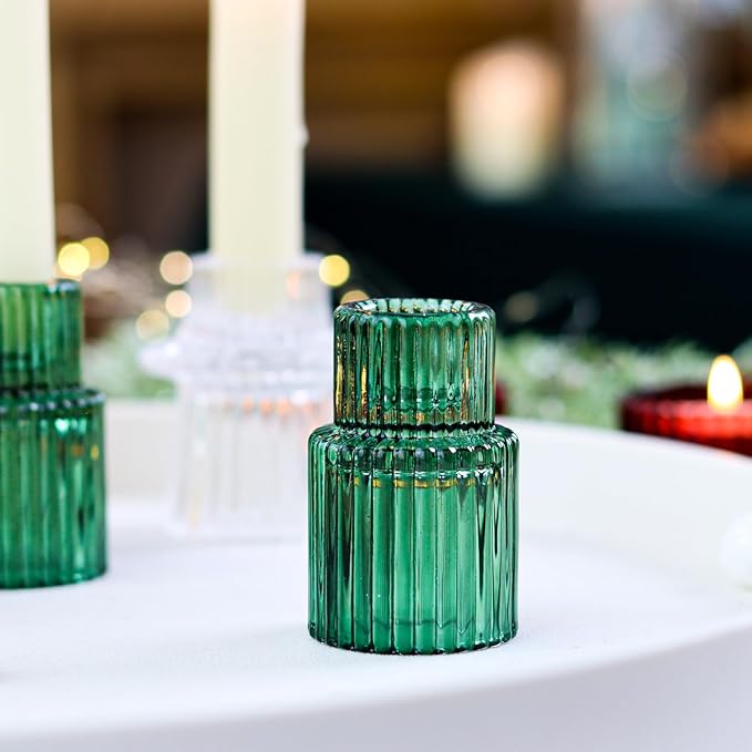 Christmas Candle Stick Holder Set Red Green Glass Taper Candle Holders for Tealight Candlestick Candle ChristmasTable Centerpieces Holiday Decor12PCS