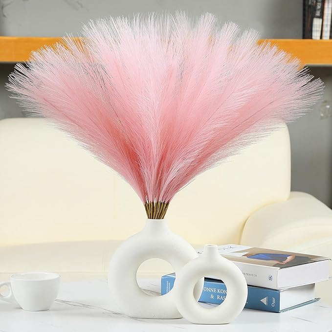 Faux Pampas Grass Decor 17.7 Inch 30pcs, Artificial Pampas Grass Fluffy Home Decor, Short Vase Room Decor pompous Grass Flower Arrangement for Boho Home Wedding Decoration (Light Pink)
