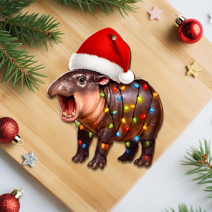 Moo Deng Ornament – Wooden Christmas Tree Decor 2025, Funny Lucky Hippo Keepsake Gift for Thai Culture Fans and Pet Lovers