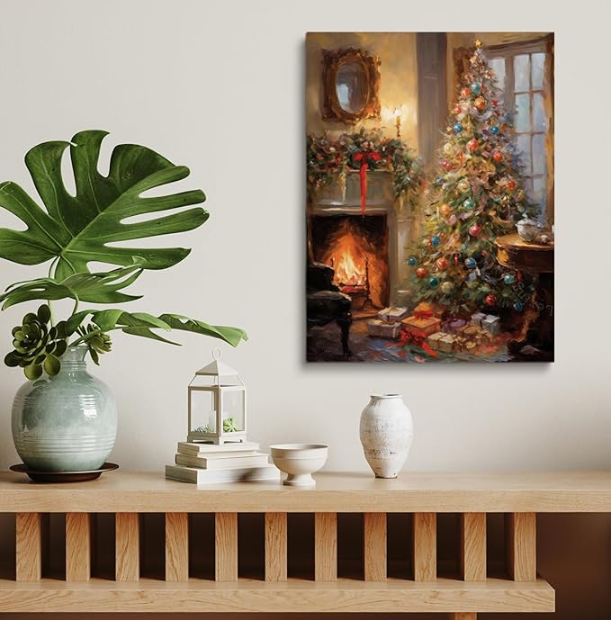 Vintage Cottagecore Christmas Tree Art, Oil Paint Living Room Wall Art, 16x24inch Framed Print