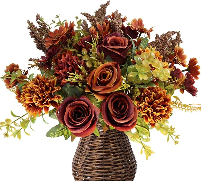 Artificial Fall Flowers, 4 Bundles Autumn Faux Flower Arrangements, Silk Roses Bouquets for Fall Decor, Home Decor, Table Centerpieces, Thanksgiving Decorations (Fall Color, 4 Bundles)