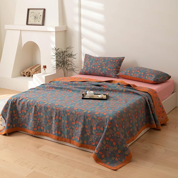 100% Cotton Jacquard Quilt Rustic Floral Leaves Print,Soft Muslin Bed Cover 3 Layers Reversible Bedspread Coverlet Breathable Lightweight Bedding,King(98"x94"), No Pillow Sham