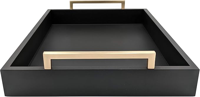 Decorative Coffee Table Tray - Ottoman Tray - Breakfast, Drinks, Liquor Serving Platter - Farmhouse to Modern - Matte Finish - Champagne Gold Handles - Pitch Black