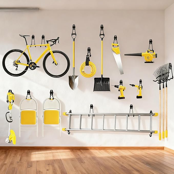 6 Pack Garage Hooks Heavy Duty, Steel Utility Ladder Hooks for Hanging Tools,Bikes, Hoses and Ropes - Wall Mount Organizer with Anti-Slip Coating（4.3）