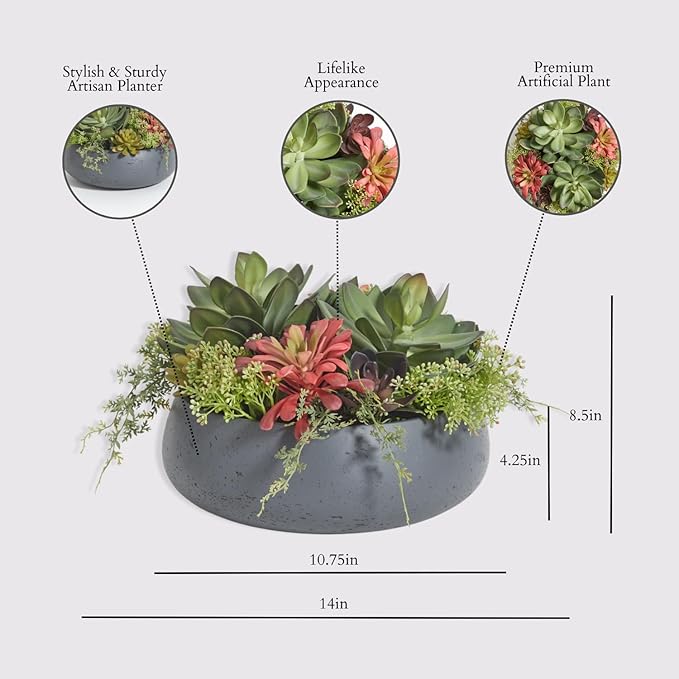 CG Hunter Faux Succulent Arrangement, Premium Artificial Indoor Plant Enhances Interior Design, Display on Any Surface in Your Home Adding an Inviting Touch of Nature, Grey Planter Pot Included