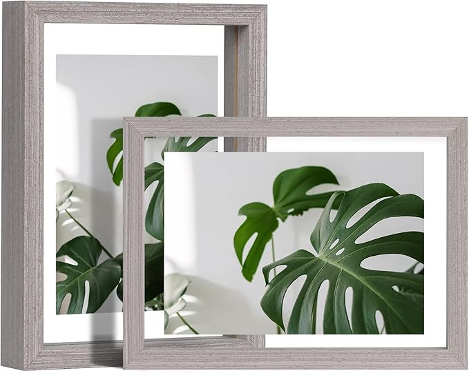 Egofine 5x7 Floating Frames Set of 2, Double Plexiglass Picture Frame, Made of Solid Wood Display Any Size Photo up to 5x7, Wall Mount or Tabletop Standing, Light Grey