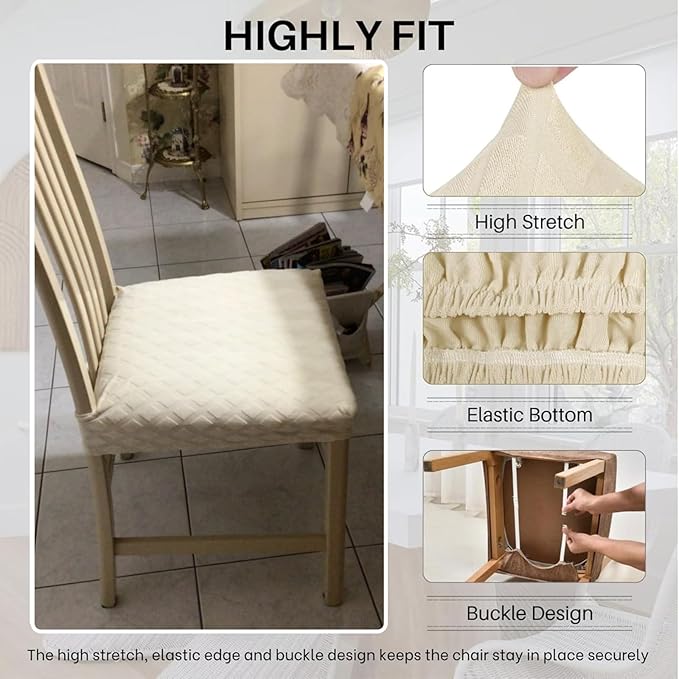 SearchI Stretch Dining Chair Seat Covers Set of 6, Soft Removable Washable Seat Covers for Dining Chairs, Dining Room Seat Cover Slipcover Protector (Rear-Covered, Beige Diamond Jacquard)