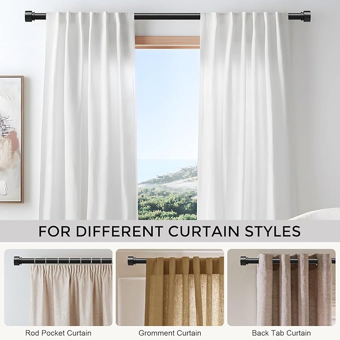 Curtain Rods for Windows 66 to 120 Inch(5.5-10 Feet), Black 1'' Diameter Heavy Duty Adjustable Window Drapery Rod, Modern and Simple Decorative End Cap Finish,Size 36''-120''